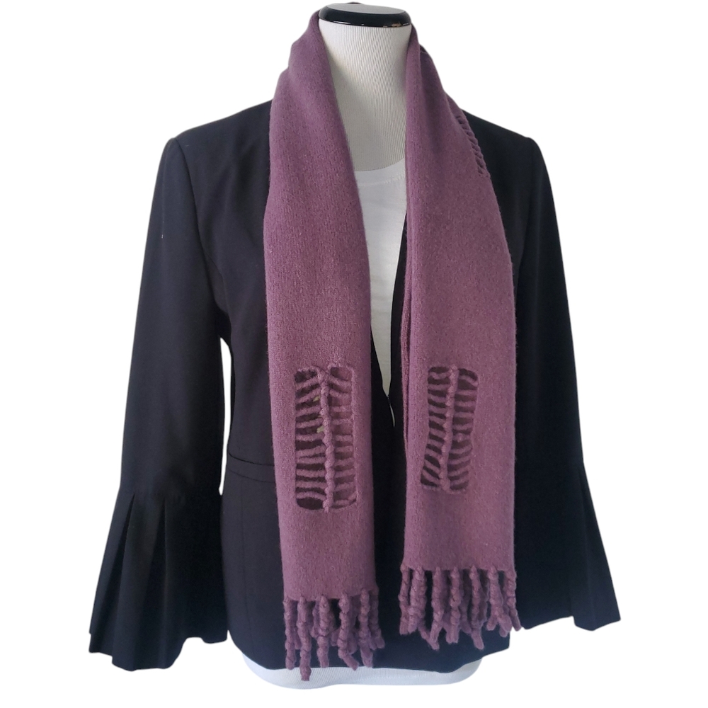 🔥J.JILL Purple 100%‎ Lambswool Fringed Tassled  Ladder Cut Out Women's Scarf